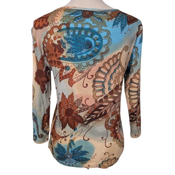 Y2K Forbidden 3/4 Sleeve V-Neck Velvet Trim Beaded Top Tan and Blue Size Medium - Picture 2 of 12